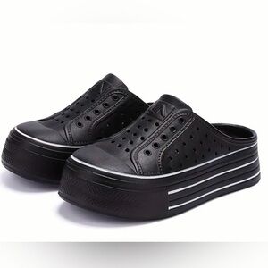 Black Chunky Platform Mules with Perforated Design